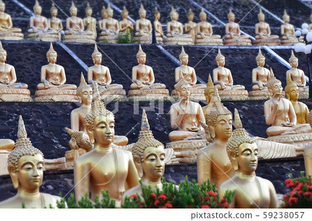 Buddha images lined up in temples at Pakse Buddha images lined up in temples at Pakse 59238057