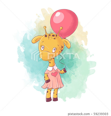 Cute cartoon giraffe girl in a dress with a balloon. Vector illustration 59239303