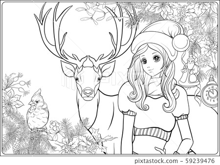 Christmas wreath, winter birds and deer. 59239476