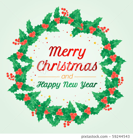 Merry Christmas and Happy New Year Wreath Greeting card watercolour painted 59244543