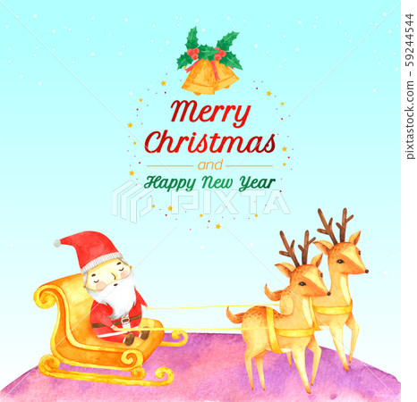 Santa Claus riding reindeer Merry Christmas Greeting card watercolour painted 59244544