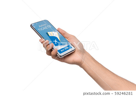 Smartphone with airline tickets app in male hand 59246281