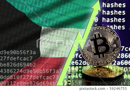 Kuwait flag and rising green arrow on bitcoin 59246755