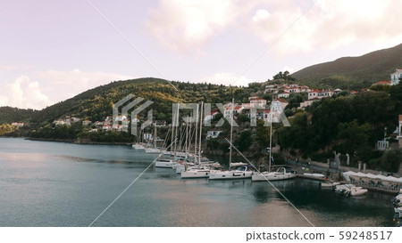 Aerial view of docked sailing boats. Kioni, Ithaca island, Greece 59248517