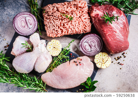 Carnivore diet concept. Raw meat of chicken, beef 59250638