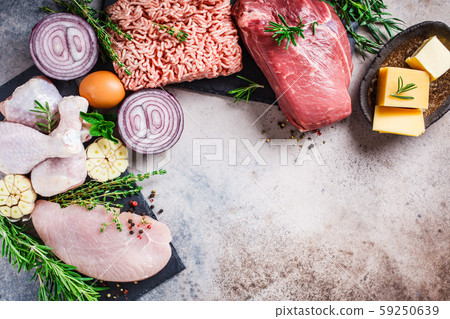 Carnivore diet concept. Raw meat of chicken, beef 59250639