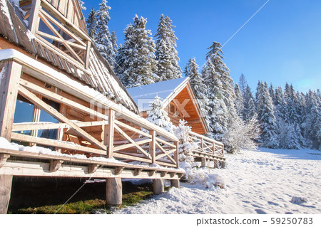 Winter scene with wooden house in snowy forest on 59250783