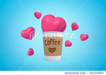 3d rendering of paper coffee cup with pink hearts on blue background. 3d rendering of paper coffee cup with pink hearts on blue background. 59250804