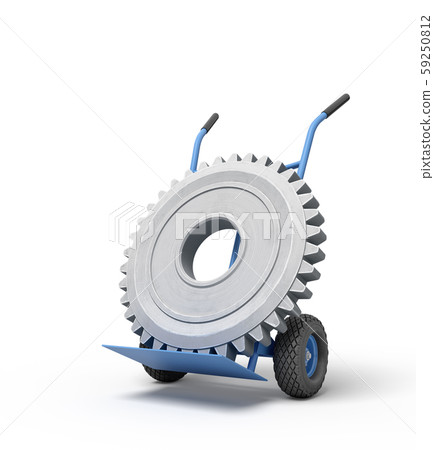 3d rendering of big grey wheel gear on blue hand truck 59250812