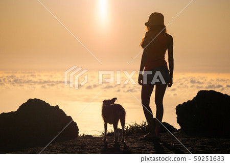 Silhouette of girl with puppy on sunset 59251683