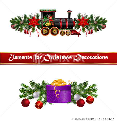 Christmas decorations with fir tree golden jingle bells and train 59252487