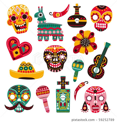 Day of dead. Decorative skulls, guitar and sombrero, llama and hot pepper, heart and grave. Mexican 59252789