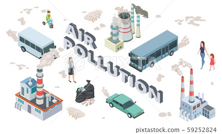 Air pollution concept. Chemical pollutants vehicle polluted air. Isometric people and plants vector 59252824