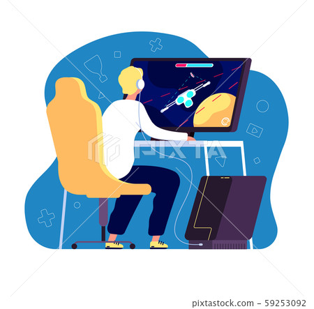 Cyber sport gamer. Professional e sports tournament event, player at computer with video game live 59253092