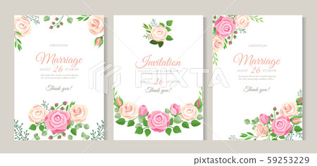 Wedding card with roses. Red, white and pink roses with leaves. Wedding floral romantic decor for 59253229