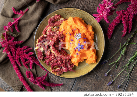Fried Amaranthus caudatus flowers and sweet potato puree 59255184