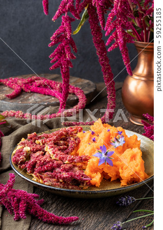 Fried Amaranthus caudatus flowers and sweet potato puree 59255185