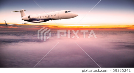 Private jet plane flying above dramatic clouds. Private jet plane flying above dramatic clouds. 59255241