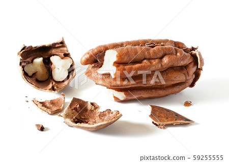Pecan nut - Carya illinoinensis - cracked open, shells on table, isolated on white background Pecan nut - Carya illinoinensis - cracked open, shells on table, isolated on white background 59255555