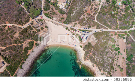 Aerial. View from the sky of the beach of Ingrina Villa to Bishpo. Portugal Algarve 59256996