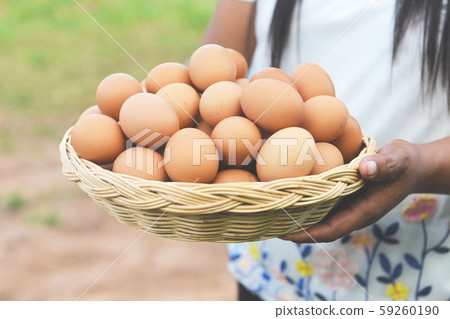 Eggs in a basket - Woman farmer holding wooden Eggs in a basket - Woman farmer holding wooden 59260190