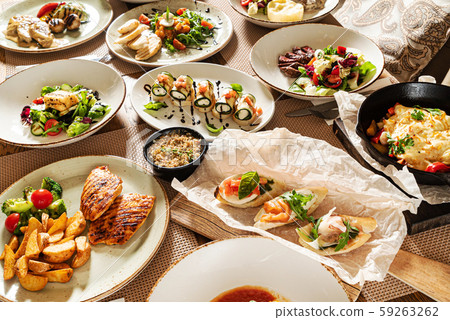 Christmas banquet with many dishes, top view 59263262