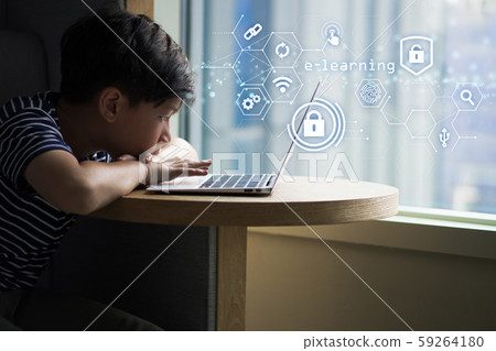 A young smart asian boy using laptop computer to study e-learning, coding program, access online education, search engine. New media, Education system tools, Social media, Digital Technology concept. 59264180