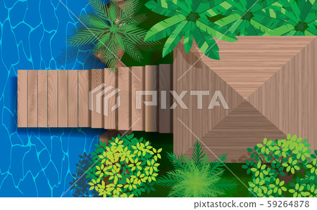 wooden pavilion and wooden bridge at the river 59264878