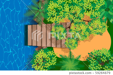 view of wooden bridge at the river in forest - Stock Illustration ...