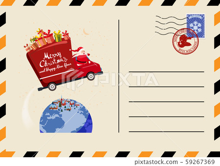 Christmas and New Year Postcard with stamps and mark. Van flies through the night sky above the 59267369
