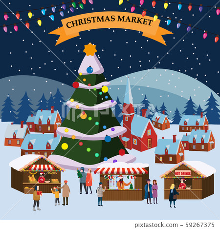 Christmas market or holiday winter outdoor fair on town square big New Year tree. Big set of people Christmas market or holiday winter outdoor fair on town square big New Year tree. Big set of people 59267375