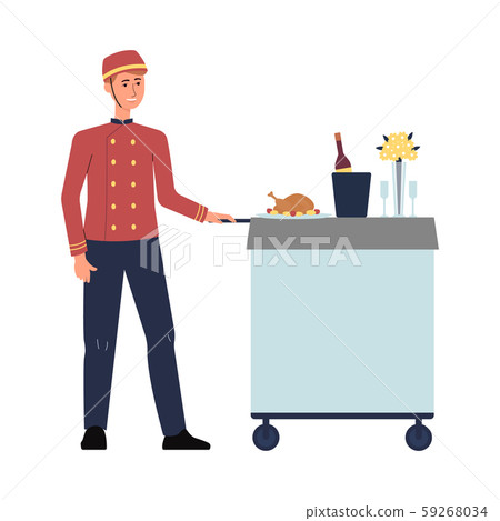 Hotel food service employee in red uniform pushing cart with luxury meal. 59268034