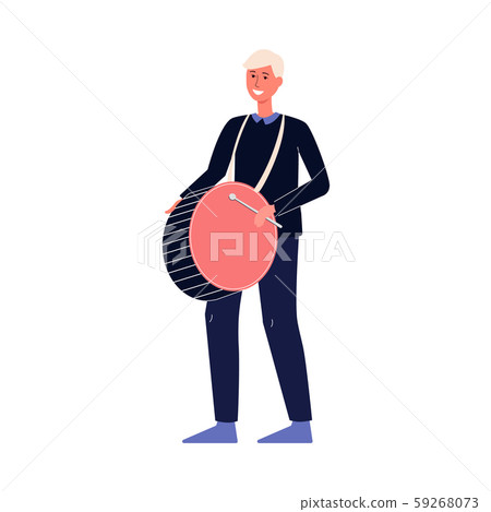 Cartoon drummer man smiling and playing the drum isolated on white background. 59268073