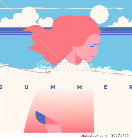 Summer Holiday and Summer Camp poster. Sea sunset, girl walking on beach. Summer Holiday and Summer Camp poster. Sea sunset, girl walking on beach. 59271735