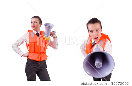 Young woman with vest and loudspeaker on white 59272092