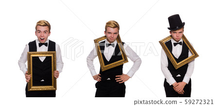 Young man holding frame isolated on white Young man holding frame isolated on white 59272321