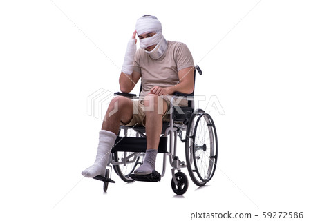Injured man in wheel-chair isolated on white 59272586