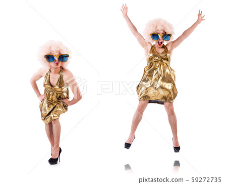 Man wearing woman clothing on white 59272735