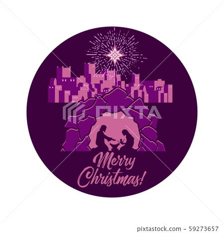 Biblical illustration. Christmas story. Mary and Joseph with the baby Jesus. Nativity scene near the city of Bethlehem. Biblical illustration. Christmas story. Mary and Joseph with the baby Jesus. Nativity scene near the city of Bethlehem. 59273657