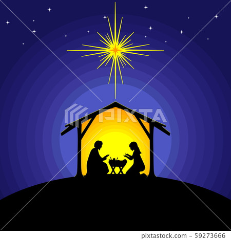 Biblical illustration. Christmas story. Mary and Joseph with the baby Jesus. Nativity scene near the city of Bethlehem. Biblical illustration. Christmas story. Mary and Joseph with the baby Jesus. Nativity scene near the city of Bethlehem. 59273666