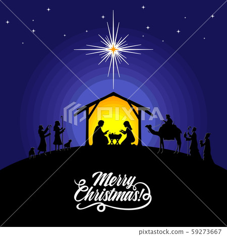 Biblical illustration. Christmas story. Mary and Joseph with the baby Jesus. Nativity scene near the city of Bethlehem. The shepherds and the wise men Biblical illustration. Christmas story. Mary and Joseph with the baby Jesus. Nativity scene near the city of Bethlehem. The shepherds and the wise men 59273667