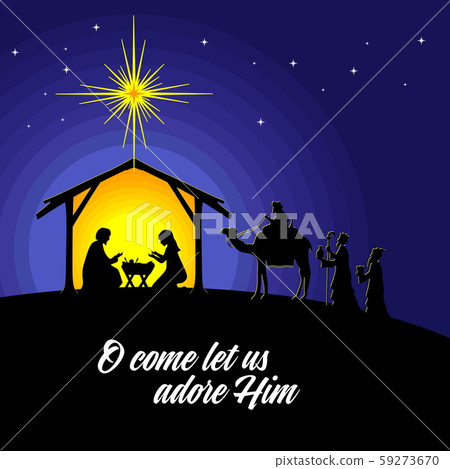 Biblical illustration. Christmas story. Mary and Joseph with the baby Jesus. Nativity scene near the city of Bethlehem. Wise men go to worship Christ. Biblical illustration. Christmas story. Mary and Joseph with the baby Jesus. Nativity scene near the city of Bethlehem. Wise men go to worship Christ. 59273670