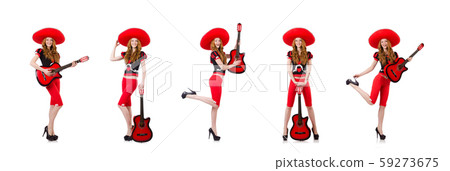 Woman guitar player with sombrero on white 59273675