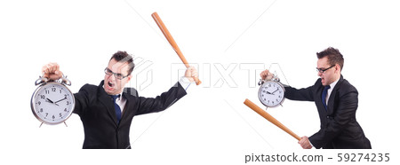 Man hitting the clock with baseball bat isolated on the white 59274235