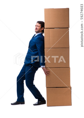 Young male employee with boxes isolated on white 59274683