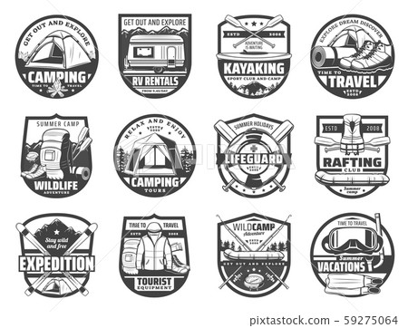 Sport adventure, travel equipment isolated icons 59275064