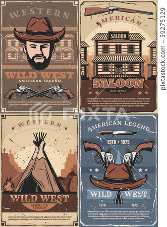 Western saloon, cowboy in hat and wigwam, guns Western saloon, cowboy in hat and wigwam, guns 59275129