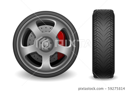 Car wheel with brake gear isolated on white. Realistic sport car tires vector illustration Car wheel with brake gear isolated on white. Realistic sport car tires vector illustration 59275814