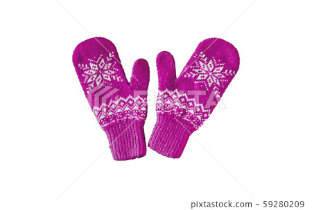 pair of pink lilac purple knitted mittens with christmas pattern isolated on 59280209