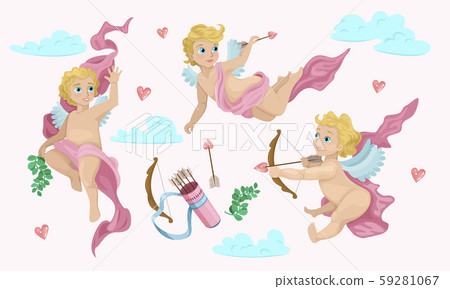 Set of Cupids. Cupid quiver and arrows against the sky. Angels flying across the sky. Print for 59281067